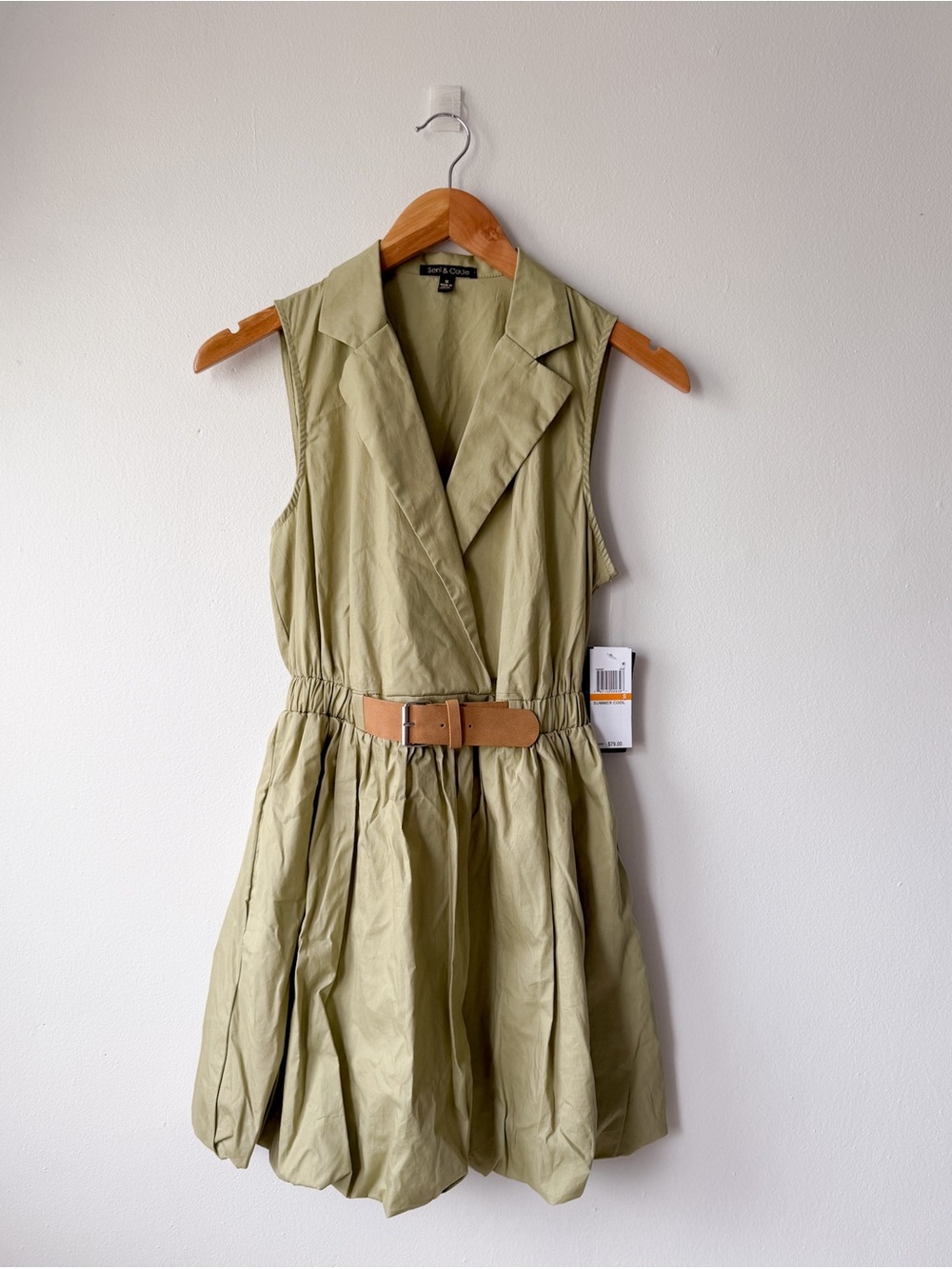 Sleeveless Olive Green Belted Mini Dress with Notch Collar
